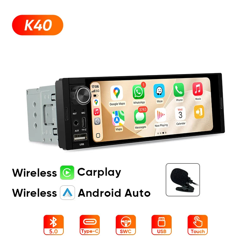 Ainavi K40 K50 Universal 1 Din 6.36 inch Car Radio MP5 IPS Touch Screen Wireless HD 1280*480 Carplay Android Auto Car Multimedia Rear Camera MIC USB BT 5.0 Type C Bluetooth phone Bluetooth music