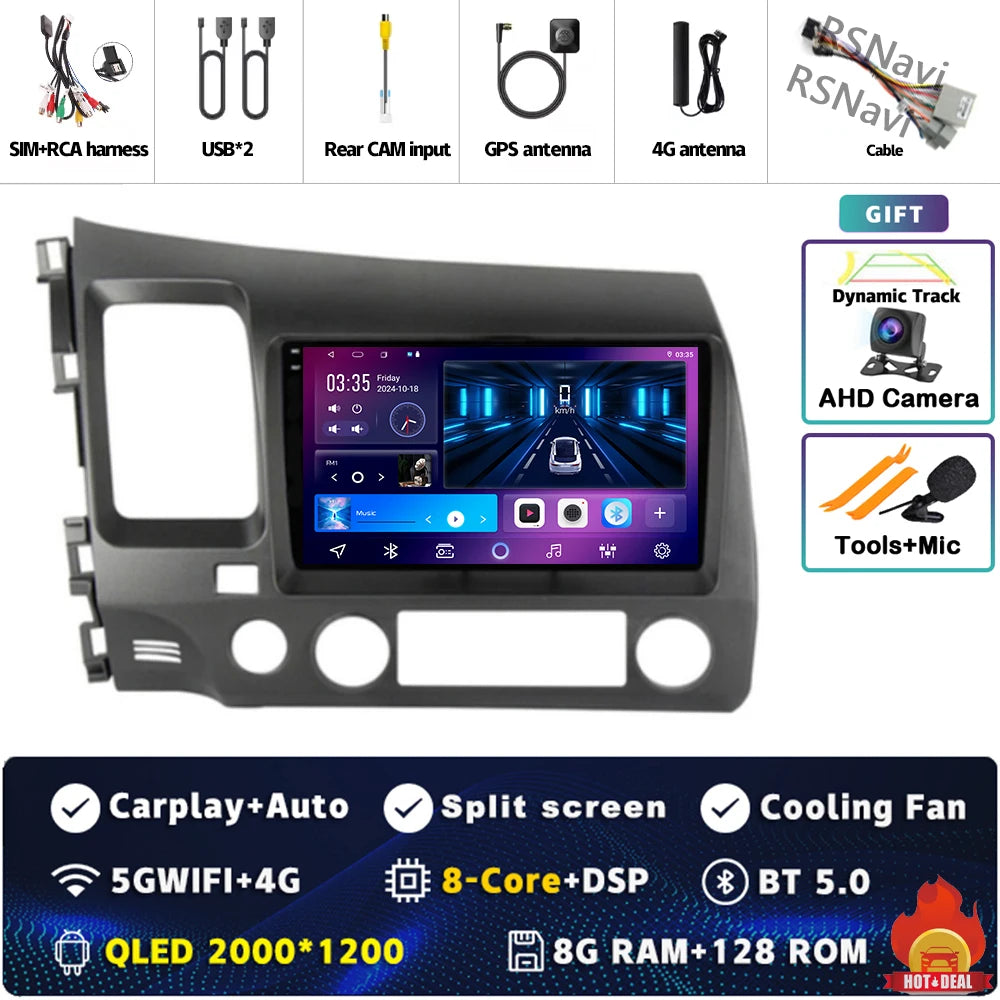 Android 16 For Honda Civic 8 FK FN FD 2005 - 2012 2K QLED Android Car Radio Multimedia Video Player GPS 4G CarPlay Stereo