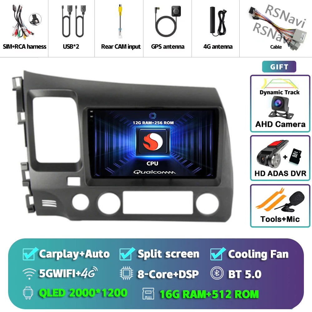 Android 16 For Honda Civic 8 FK FN FD 2005 - 2012 2K QLED Android Car Radio Multimedia Video Player GPS 4G CarPlay Stereo