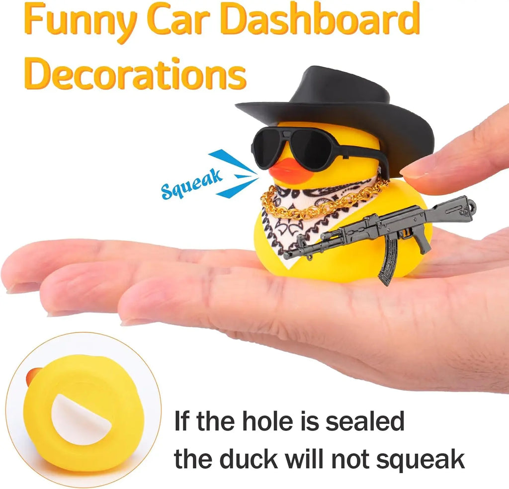 Car Rubber Duck Ornament Cool Car Accessories Duck Car Dashboard Decoration Cowboy Hat Duck with Weapon Necklace, AK47 M416