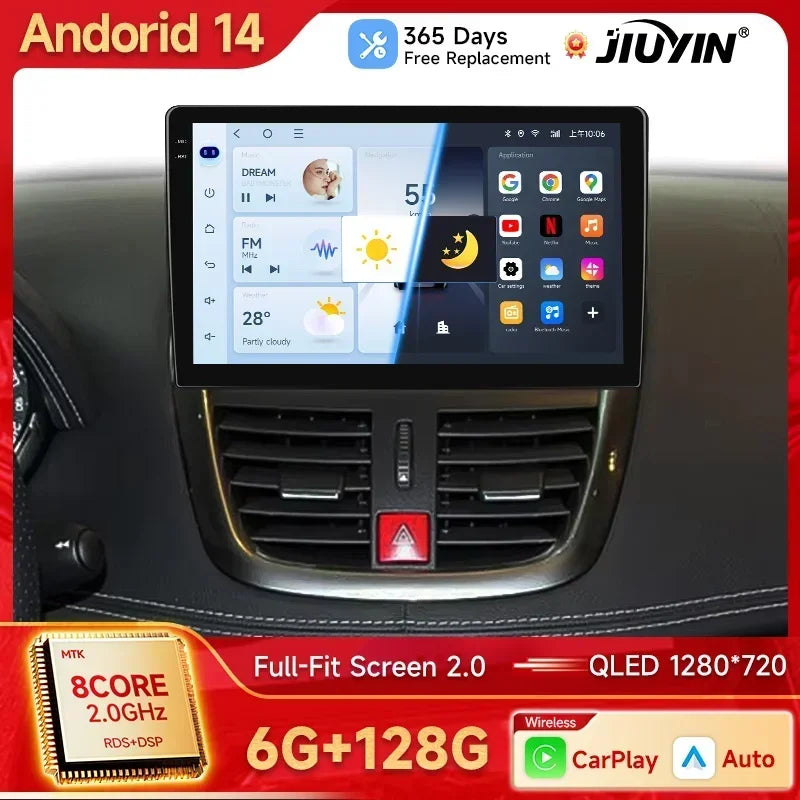 JIUYIN Wireless CarPlay Autoradio for PEUGEOT 207 207CC 2006-2015 Car Radio Multimedia Player Android 13 Auto Stereo GPS