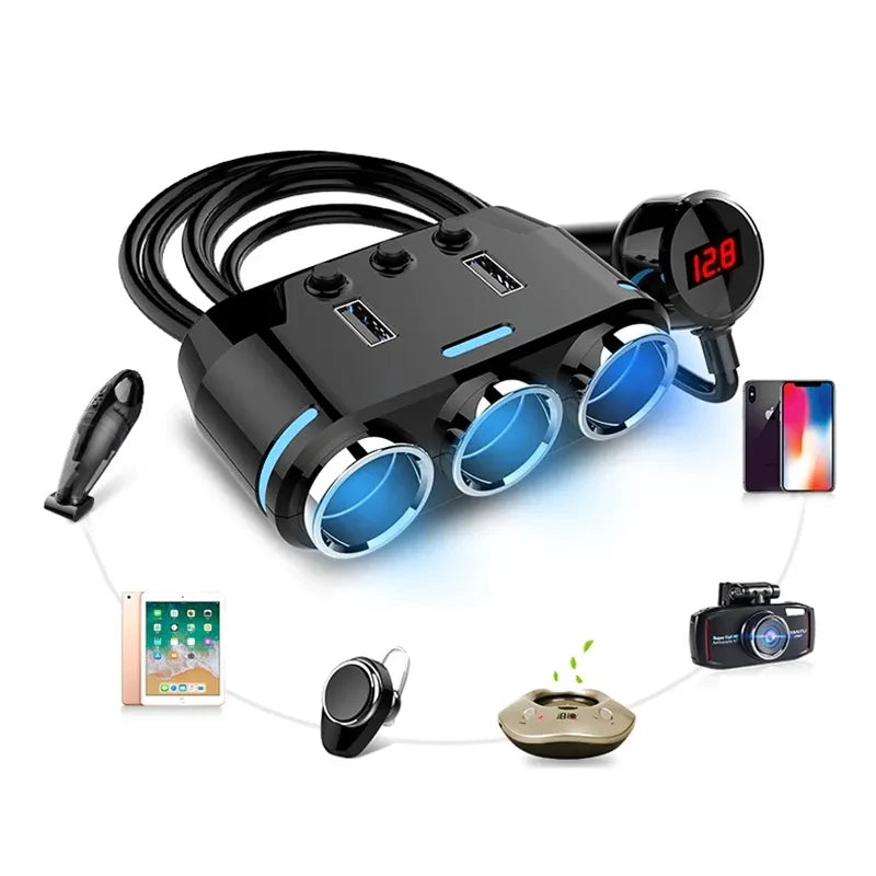 12V-24V Car Cigarette Lighter Socket Splitter Plug LED USB Charger Plug Adapter Port 3 Way Car Charger With Extension Cable
