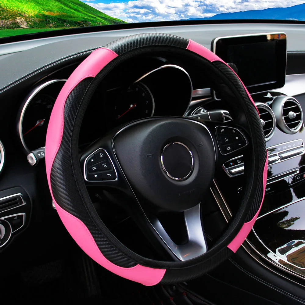 PU carbon fiber leather no inner ring car steering wheel cover is suitable for 14.5 - 15 inch car decoration items.
