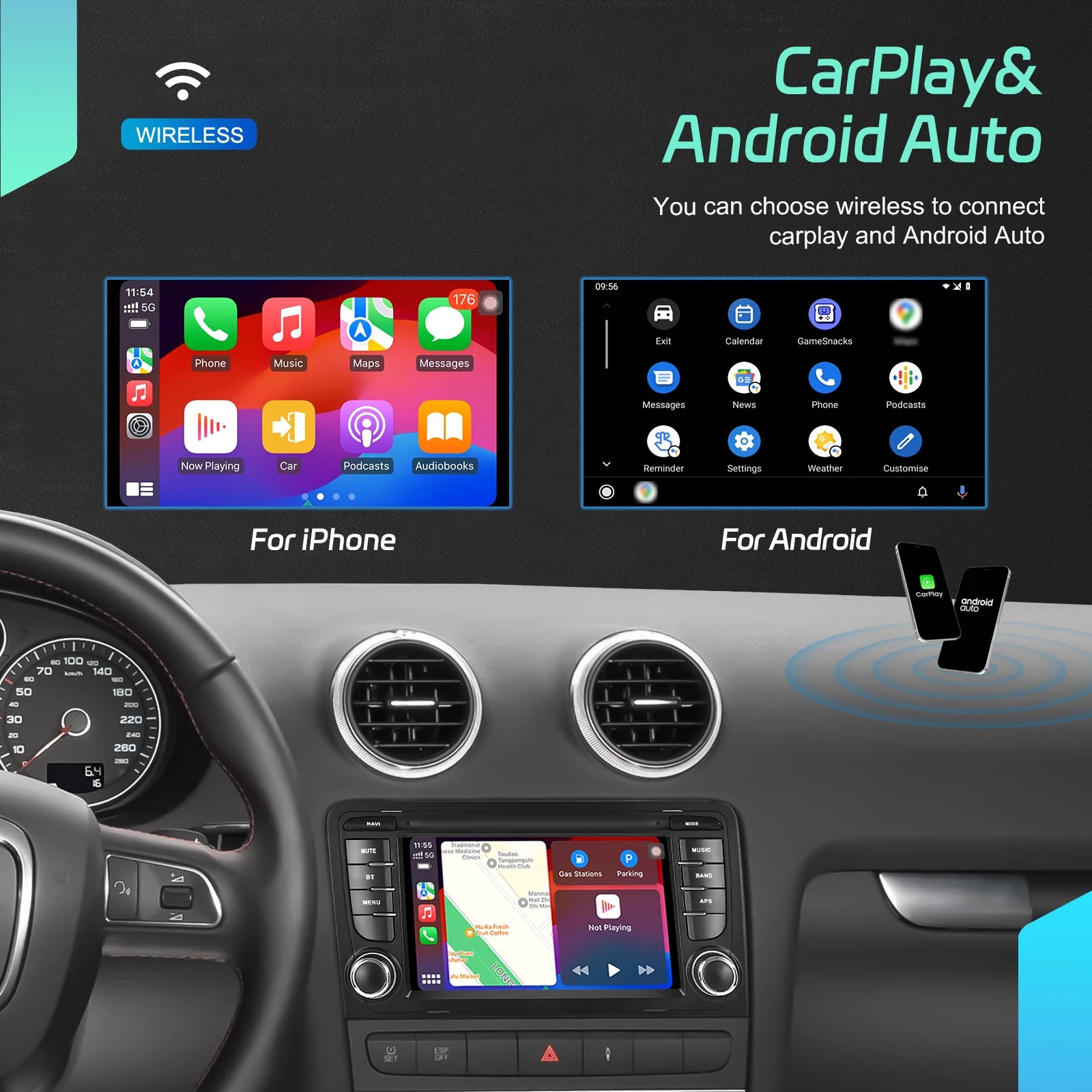 Podofo CarPlay Android Radio For Audi A3 8P 2003-2012 Car Intelligent System 2din GPS Stereo Multimedia Player RDS FM Car Radio