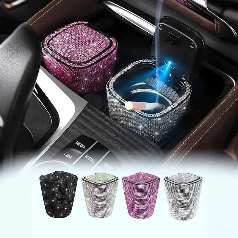LED Crystal Car Ashtray w/Cover - Night Light, Dustproof, Heat-Resistant ABS, Compact & Stylish for Most Cars, Easy Clean Smoker