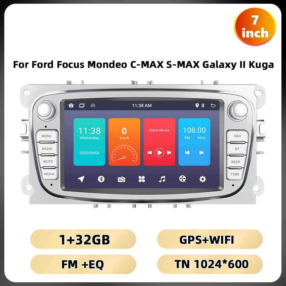 Podofo 7 ''Android Multimedia Player for Ford Focus Mondeo C-MAX S-MAX Galaxy II Kuga GPS Navigation 2 + 64G Carplay Android Auto