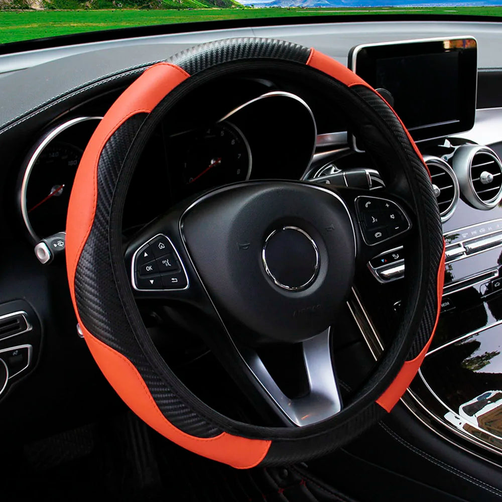 PU carbon fiber leather no inner ring car steering wheel cover is suitable for 14.5 - 15 inch car decoration items.