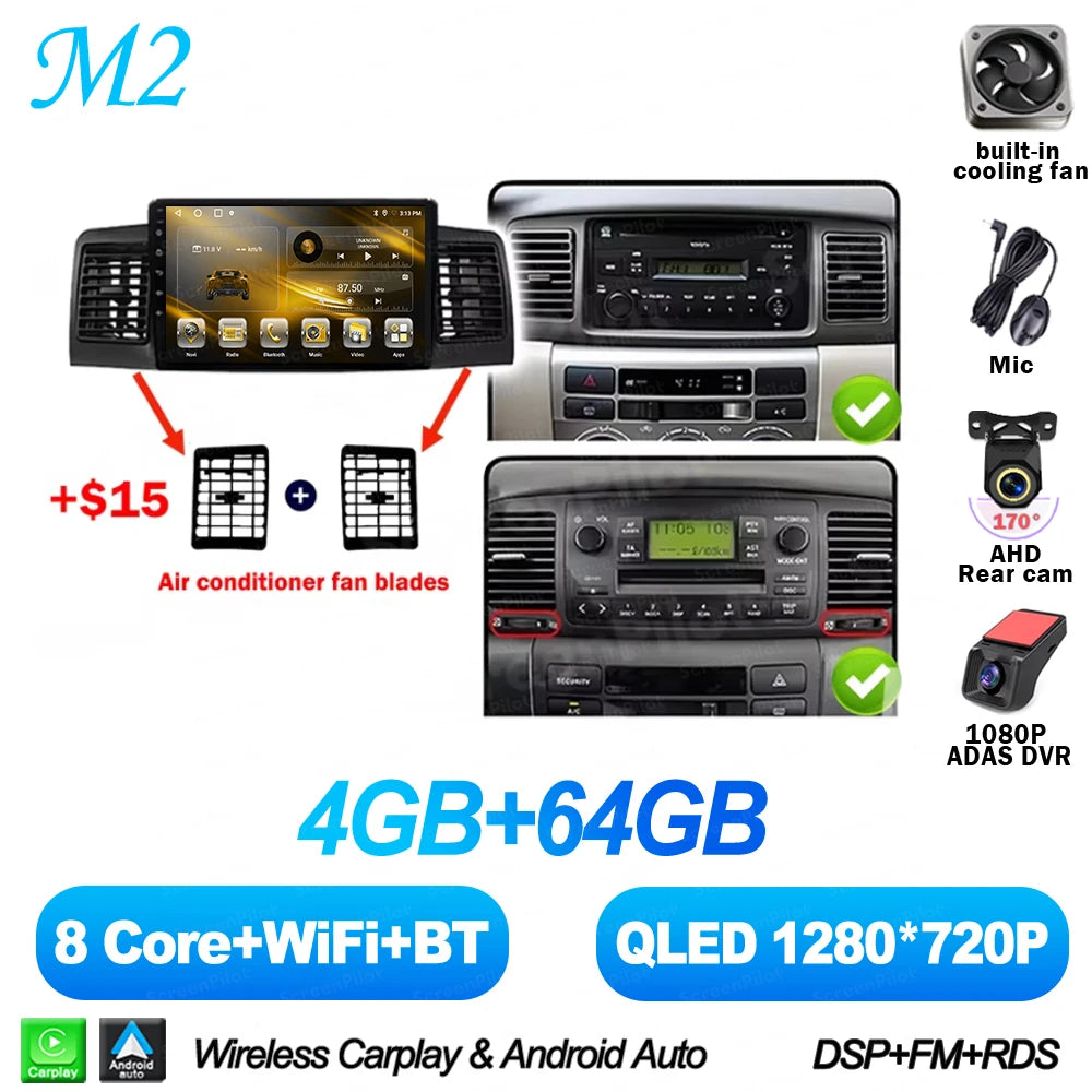 For Toyota Corolla E130 E120 2000-2006 Android 16 Multimedia Video Player  Carplay Touch Screen RDS 8 Core 5G Bluetooth 2din DSP
